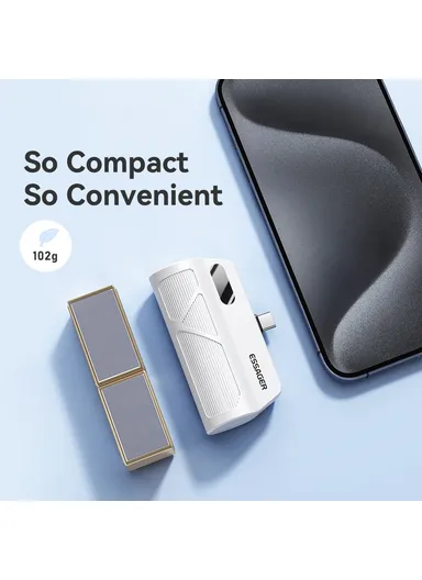 5000mAh Dual Plugs Power Bank, Digital Display Phone Charger with Type-C &amp; Lightning Plugs - White