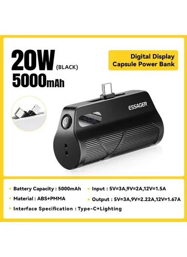 5000mAh Dual Plugs Power Bank, Digital Display Phone Charger with Type-C &amp; Lightning Plugs - Black