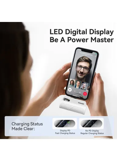 5000mAh Dual Plugs Power Bank, Digital Display Phone Charger with Type-C &amp; Lightning Plugs - Black