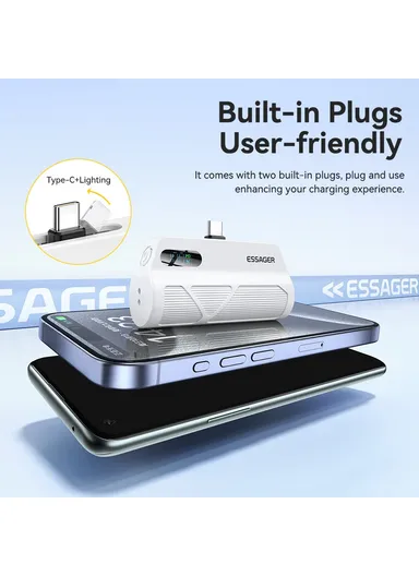 5000mAh Dual Plugs Power Bank, Digital Display Phone Charger with Type-C &amp; Lightning Plugs - Black