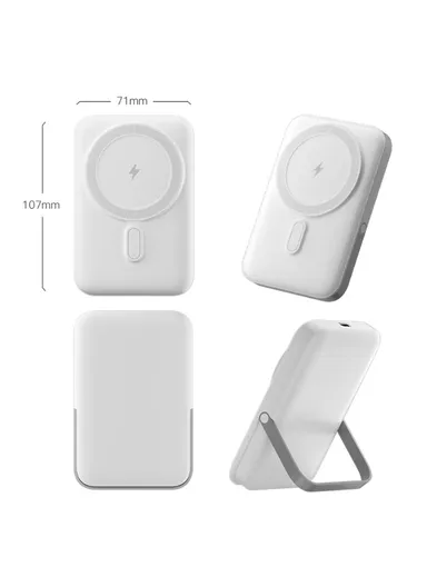 T159 10000mAh PD 20W Magnetic Wireless Power Bank ABS+PC Phone Charger with Folding Kickstand - White