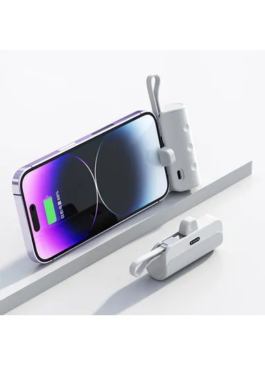 5000mAh Mini Capsule Phone Charger Lightning Plug, Power Bank with Type-C Cable KC - White