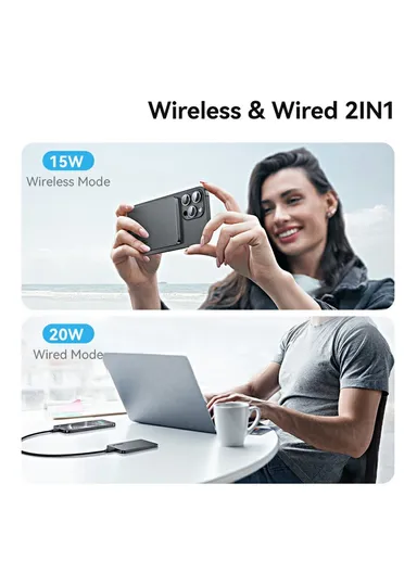 5000mAh 20W Portable Charger Magnetic Wireless &amp; Wired Power Bank, Slim Battery Pack Charger CD231 - White