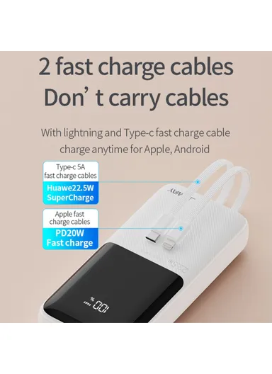 20000mAh 20W Portable Power Bank, Fast Charging Charger with Built-in Type-C &amp; Lightning Cable JP312 - Black