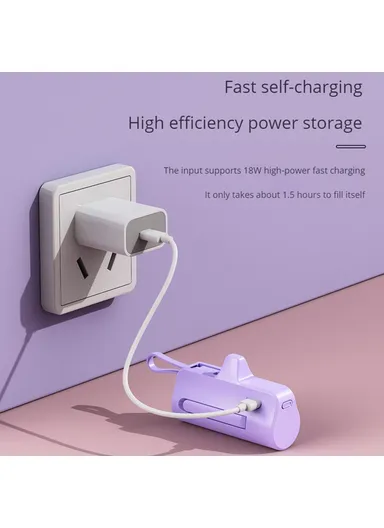10000mAh Mini Lightning Plug Capsule Power Bank with Type-C Cable and Kickstand Design HY-0808 - Purple