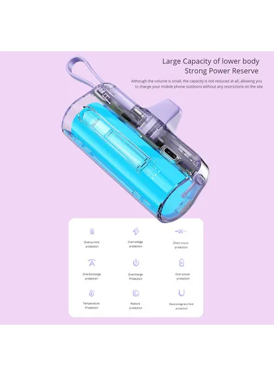10000mAh Mini Lightning Plug Capsule Power Bank with Type-C Cable and Kickstand Design HY-0808 - Purple
