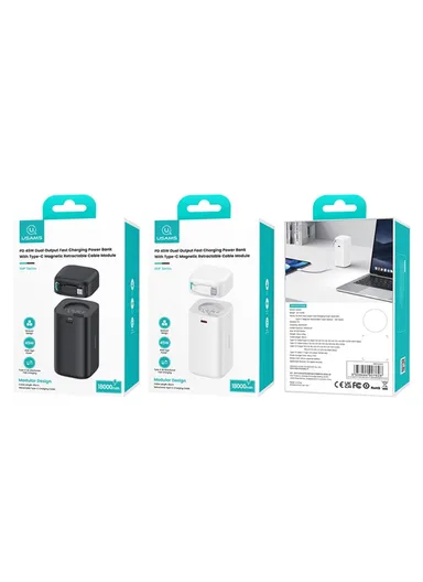 18000mAh  45W Power Bank, Dual Type-C Power Station with Retractable Magnetic Cable US-CD216 - Black
