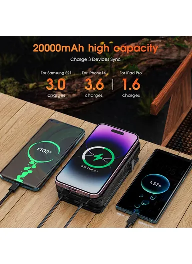 20000mAh 4-Solar Panels IP65 Waterproof Wireless Charging Power Bank with Emergency Flashlight YD-820SW