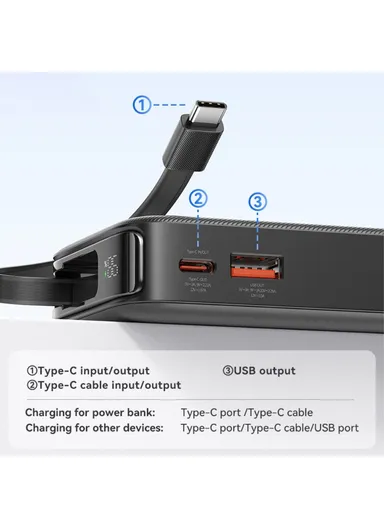 10000mAh 20W Power Bank, Fast Charging Battery Pack with Built-In Type-C Cable CD224 - Black
