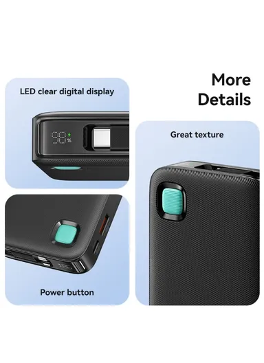 10000mAh 20W Power Bank, Fast Charging Battery Pack with Built-In Type-C Cable CD224 - Black