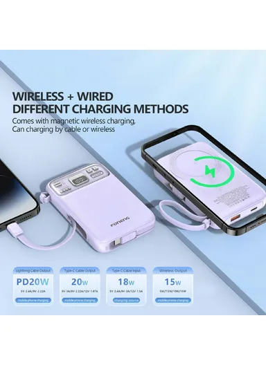 10000mAh 15W Wireless Magnetic Fast Charging Power Bank Built-in Lightning &amp; Type-C Cables PX112 - Sky Blue