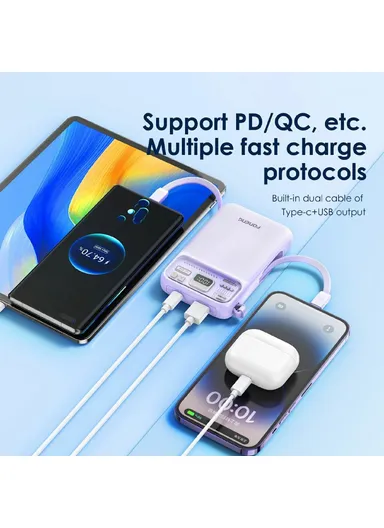 10000mAh 15W Wireless Magnetic Fast Charging Power Bank Built-in Lightning &amp; Type-C Cables PX112 - Sky Blue