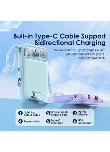 10000mAh 15W Wireless Magnetic Fast Charging Power Bank Built-in Lightning &amp; Type-C Cables PX112 - Sky Blue