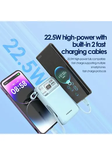 10000mAh 15W Wireless Magnetic Fast Charging Power Bank Built-in Lightning &amp; Type-C Cables PX112 - Sky Blue