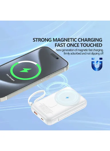 10000mAh 15W Wireless Magnetic Fast Charging Power Bank Built-in Lightning &amp; Type-C Cables PX112 - White