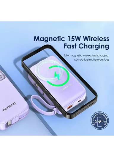 10000mAh 15W Wireless Magnetic Fast Charging Power Bank Built-in Lightning &amp; Type-C Cables PX112 - Light Purple