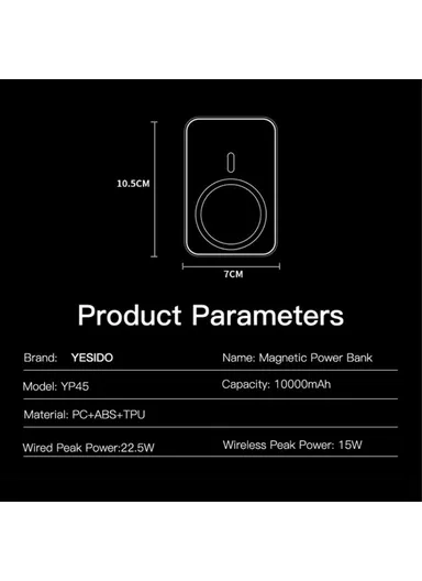 10000mAh 15W Power Bank Wired &amp; Magnetic Adsorption Phone Wireless Charger YP45 