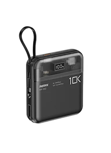 10000mAh Portable Phone Charger with Built-in Type-C &amp; Lightning Cable, 20W + 22.5W Dual Cabled Fast Charging Power Bank RPP-602 Pro - Black