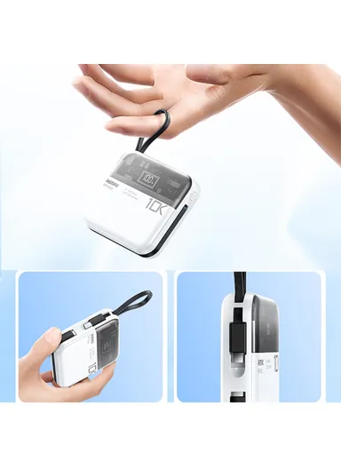 10000mAh Portable Phone Charger with Built-in Type-C &amp; Lightning Cable, 20W + 22.5W Dual Cabled Fast Charging Power Bank RPP-602 Pro - Black