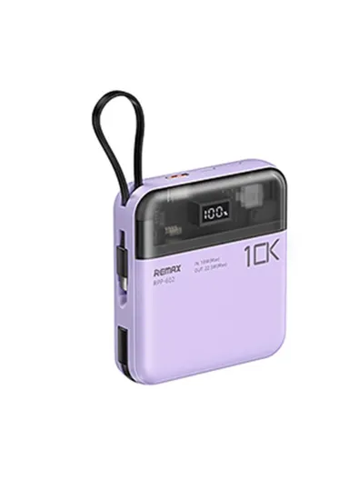 10000mAh Portable Phone Charger with Built-in Type-C &amp; Lightning Cable, 20W + 22.5W Dual Cabled Fast Charging Power Bank RPP-602 Pro - Purple
