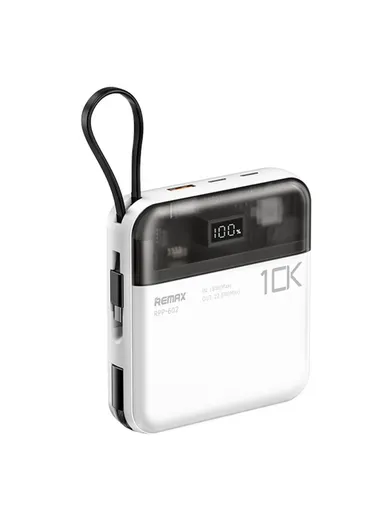 10000mAh Portable Phone Charger with Built-in Type-C &amp; Lightning Cable, 20W + 22.5W Dual Cabled Fast Charging Power Bank RPP-602 Pro - White