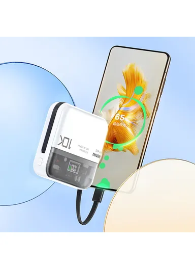 10000mAh Portable Phone Charger with Built-in Type-C &amp; Lightning Cable, 20W + 22.5W Dual Cabled Fast Charging Power Bank RPP-602 Pro - White