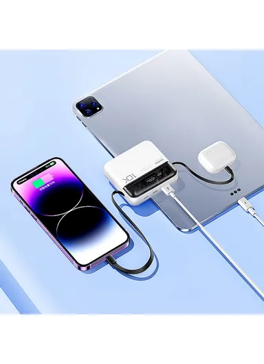 10000mAh Portable Phone Charger with Built-in Type-C &amp; Lightning Cable, 20W + 22.5W Dual Cabled Fast Charging Power Bank RPP-602 Pro - White