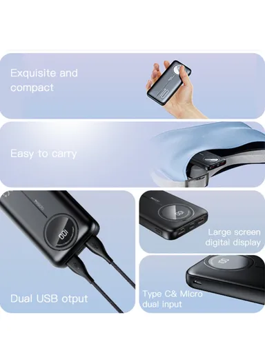 10000mAh Portable Power Bank, Dual USB Output Digital Display Phone Charger Power Bank YP40 - Black