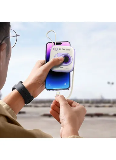 10000mAh Portable Mini Camera-Shape Cabled Power Bank with Built-in Lightning &amp; Type-C Cables, 22.5W+20W Phone Charger External Battery Pack E52 - Purple