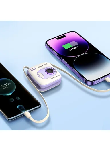 10000mAh Portable Mini Camera-Shape Cabled Power Bank with Built-in Lightning &amp; Type-C Cables, 22.5W+20W Phone Charger External Battery Pack E52 - Purple