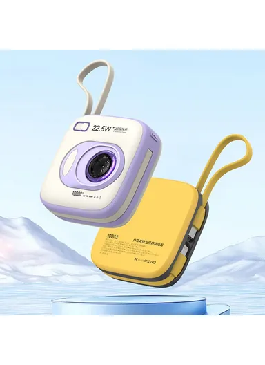 10000mAh Portable Mini Camera-Shape Cabled Power Bank with Built-in Lightning &amp; Type-C Cables, 22.5W+20W Phone Charger External Battery Pack E52 - Purple