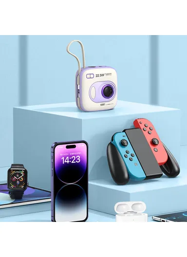 10000mAh Portable Mini Camera-Shape Cabled Power Bank with Built-in Lightning &amp; Type-C Cables, 22.5W+20W Phone Charger External Battery Pack E52 - Purple