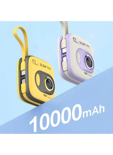 10000mAh Portable Mini Camera-Shape Cabled Power Bank with Built-in Lightning &amp; Type-C Cables, 22.5W+20W Phone Charger External Battery Pack E52 - Purple