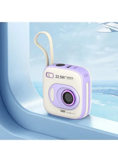 10000mAh Portable Mini Camera-Shape Cabled Power Bank with Built-in Lightning &amp; Type-C Cables, 22.5W+20W Phone Charger External Battery Pack E52 - Purple