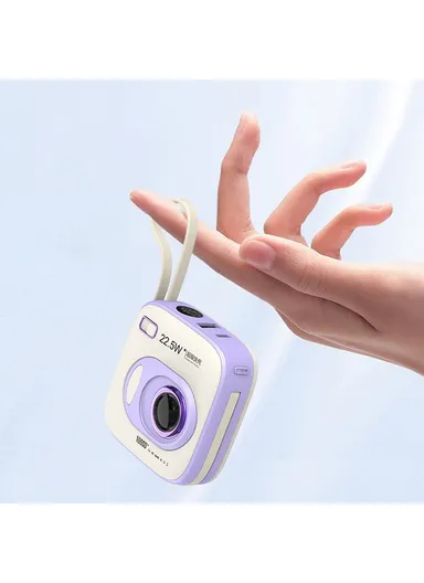 10000mAh Portable Mini Camera-Shape Cabled Power Bank with Built-in Lightning &amp; Type-C Cables, 22.5W+20W Phone Charger External Battery Pack E52 - Purple