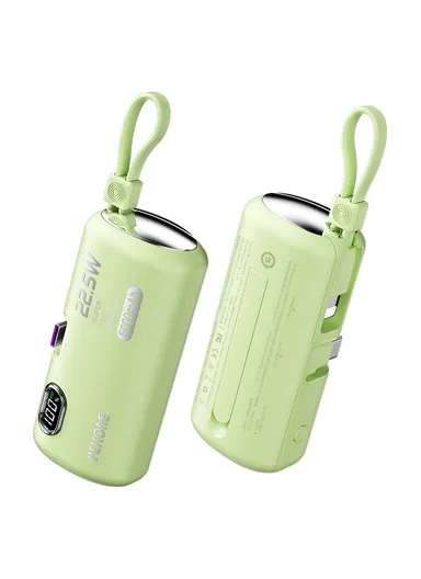 5000mAh Mini Type-C Capsule Power Bank with Built-in Lightning Cable, 22.5W Fast Charging Phone Charger Pocket Mobile Power Bank WP-19 - Green