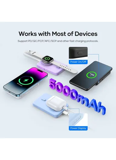 5000mAh Portable Power Bank, 15W+22W Electric Suction Wireless &amp; Wired Charger Phone External Battery K8 - White