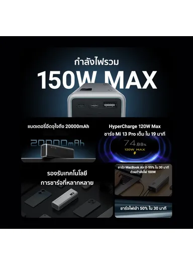 20000mAh Portable Phone Charger with 2 Type-C + 1 USB Ports, 150W Cell Phone Power Bank PB200P 