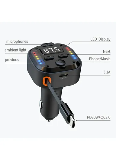 30W Bluetooth-compatible Car Charger with Type-C Extendable Cable, PD Fast Charger FM Transmitter ,Hands Free Calling C69