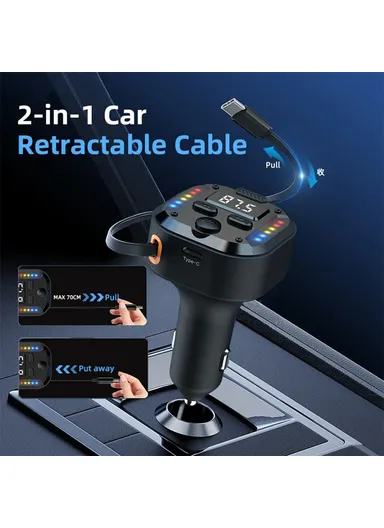 30W Bluetooth-compatible Car Charger with Type-C Extendable Cable, PD Fast Charger FM Transmitter ,Hands Free Calling C69