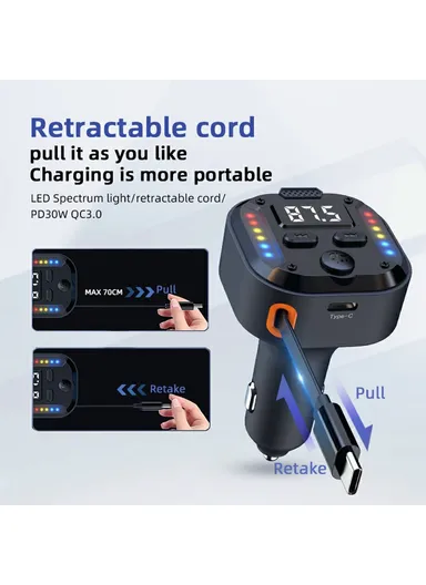 30W Bluetooth-compatible Car Charger with Type-C Extendable Cable, PD Fast Charger FM Transmitter ,Hands Free Calling C69