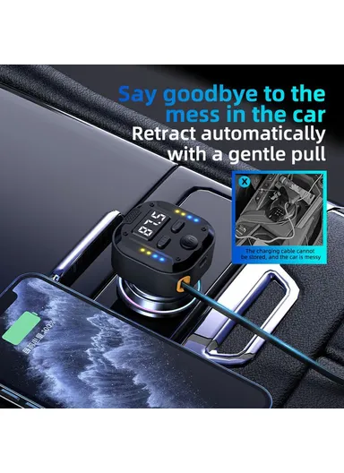 30W Bluetooth-compatible Car Charger with Type-C Extendable Cable, PD Fast Charger FM Transmitter ,Hands Free Calling C69