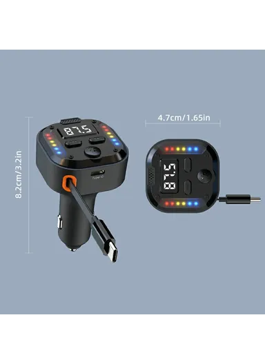 30W Bluetooth-compatible Car Charger with Type-C Extendable Cable, PD Fast Charger FM Transmitter ,Hands Free Calling C69