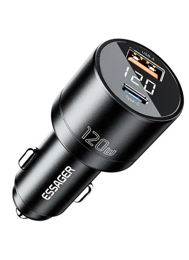 120W USB+Type-C Aluminum Alloy Adapter Voltage Digital Display Car Charger FSJ-009 - Black