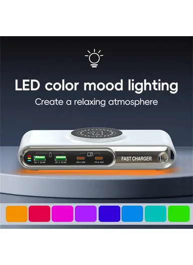 6 In 1 Multifunction 72W Smart Wireless Charger with 2 USB + 2 Type C Ports and LED Ambient Light EU Plug F9A 