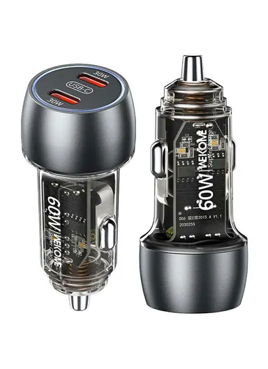 60W Car Charger Dual USB-C Fast Charging Aluminum Alloy Transparent Adapter WP-C54 - Black