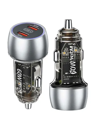 WEKOME WP-C54 Car Charger 60W Dual USB-C Fast Charging Aluminum Alloy Transparent Adapter - Silver