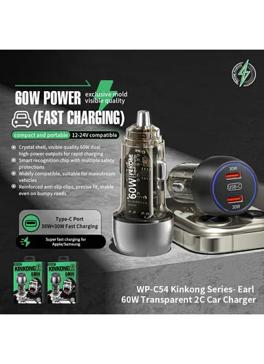 WEKOME WP-C54 Car Charger 60W Dual USB-C Fast Charging Aluminum Alloy Transparent Adapter - Silver