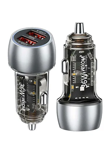 36W Car Charger Dual USB-C Fast Charging Aluminum Alloy Transparent Adapter WP-C55 - Silver
