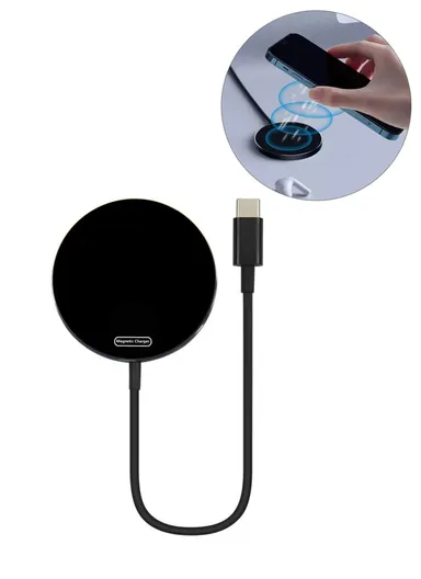 Type-C Cable Round Magnetic Wireless Charger Phone Charging Pad C12 - Black
